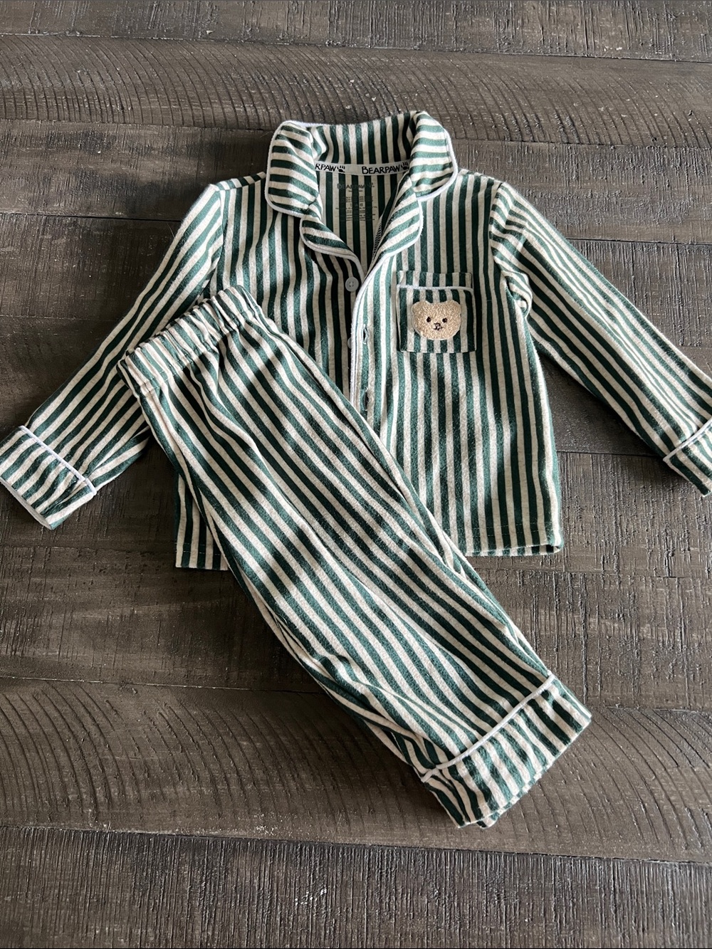 BearPaw Green and White Striped Kids Pajama Set with Bear Pocket